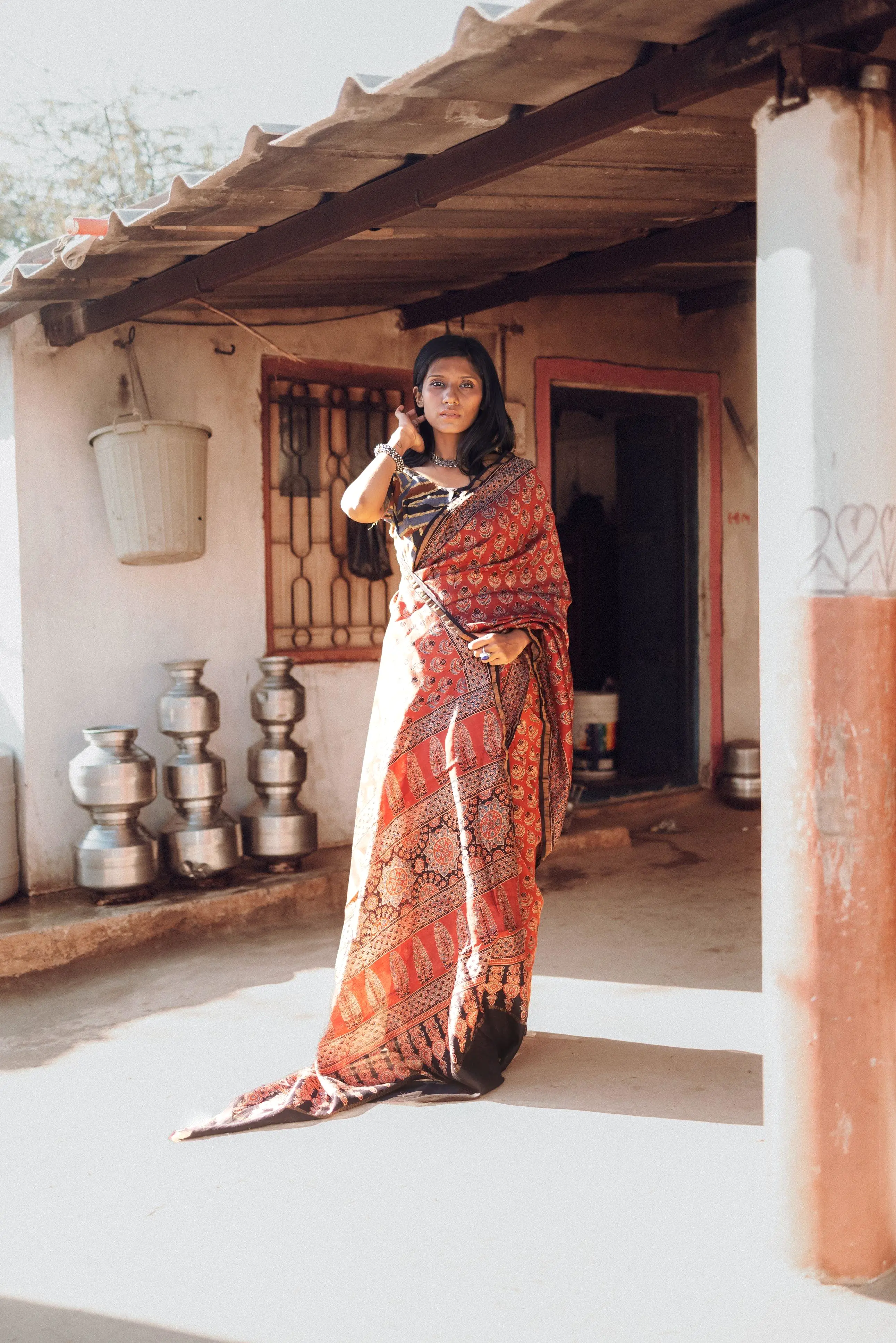 Jharokha -Red silk cotton Ajrakh handblockprinted saree