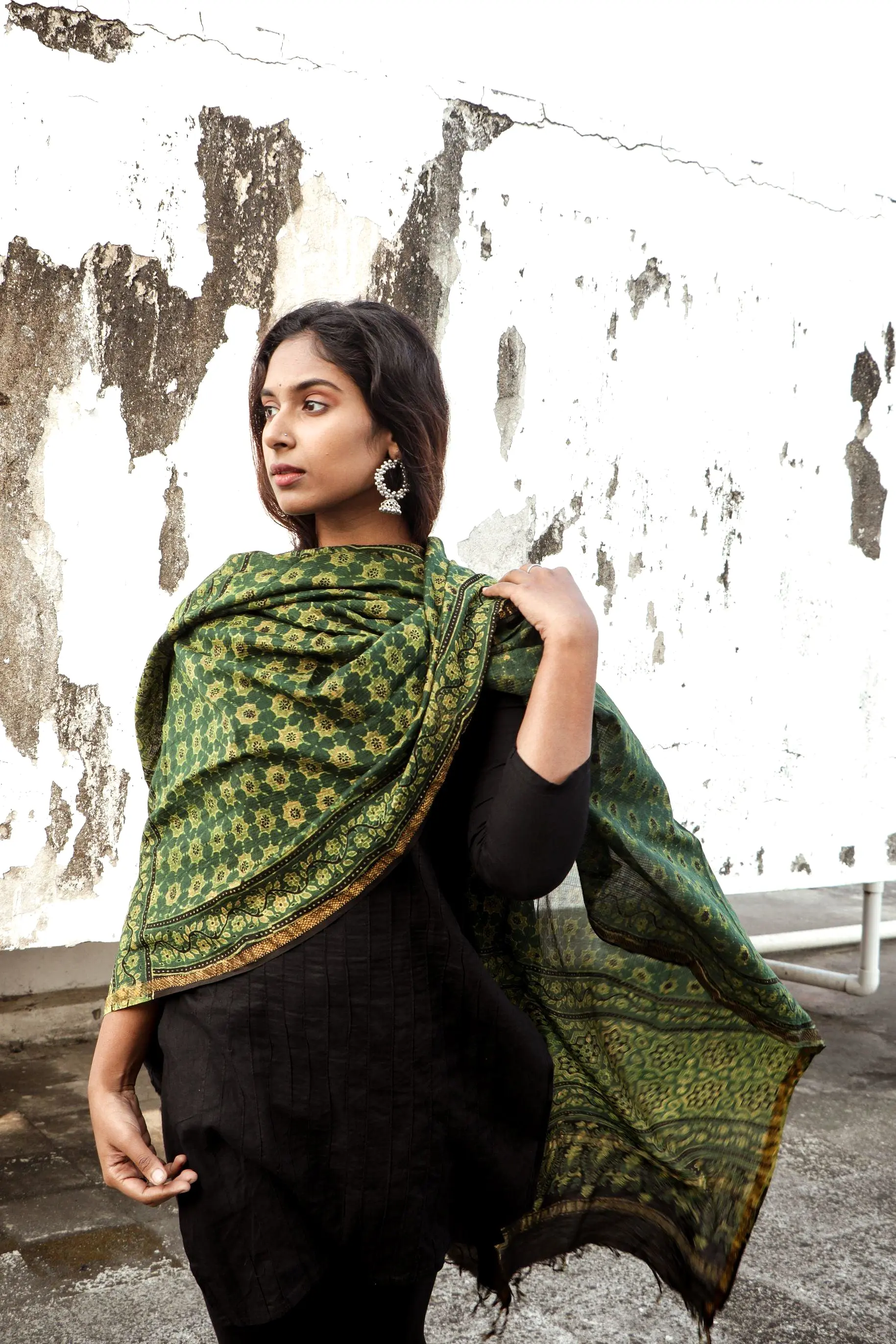 Kaisori Ajrakh Green Chanderi Dupatta