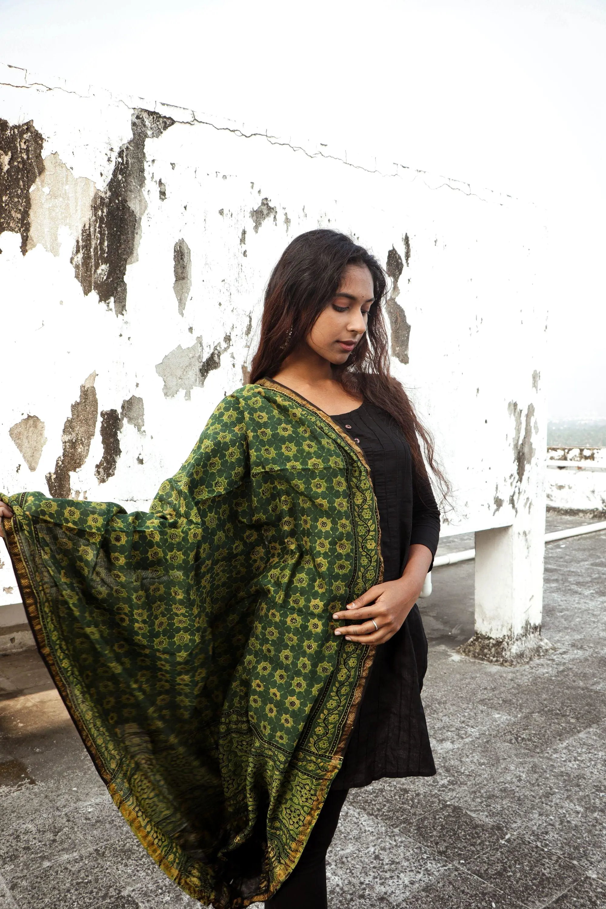 Kaisori Ajrakh Green Chanderi Dupatta