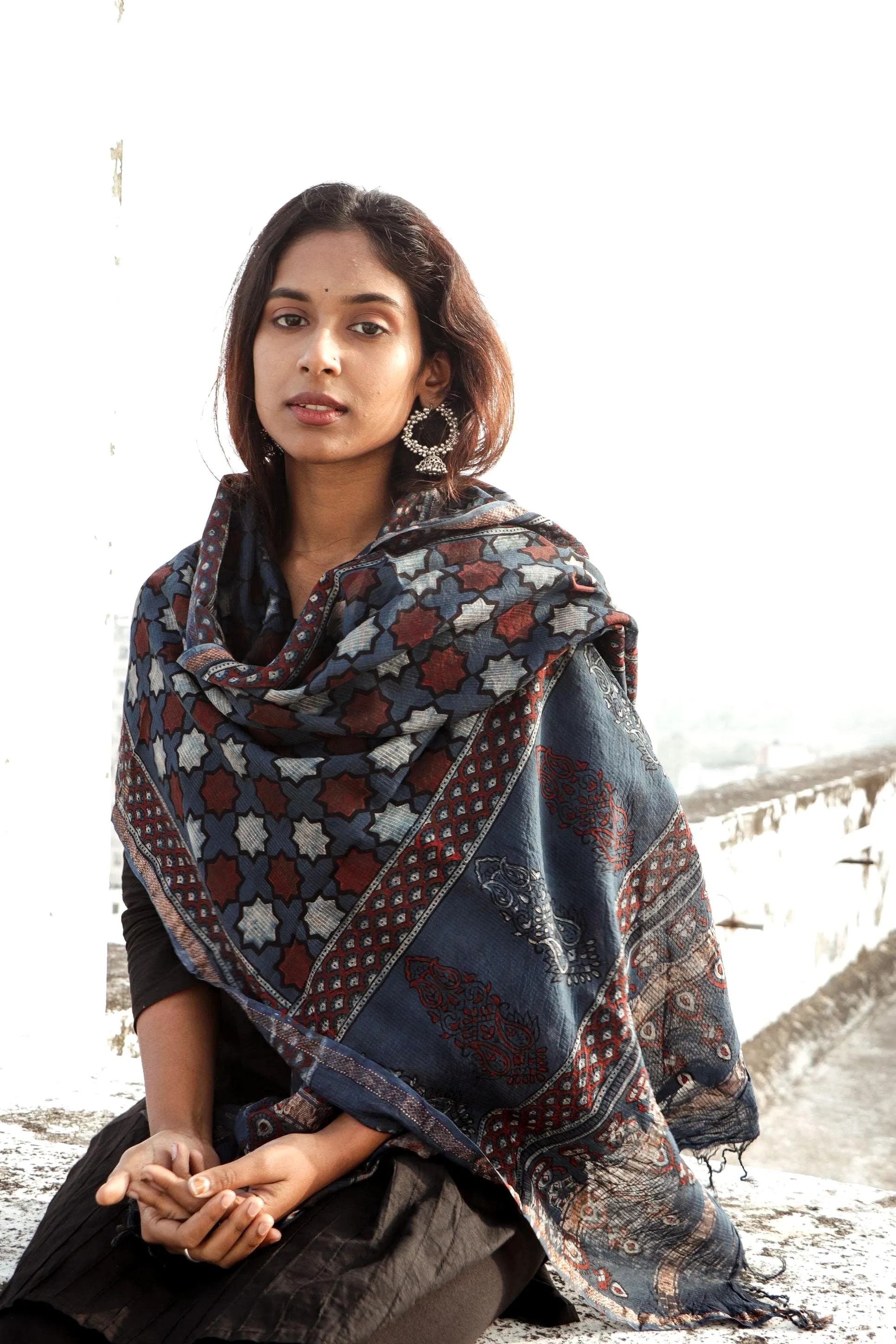 Kaisori Ajrakh Indigo Chanderi Dupatta