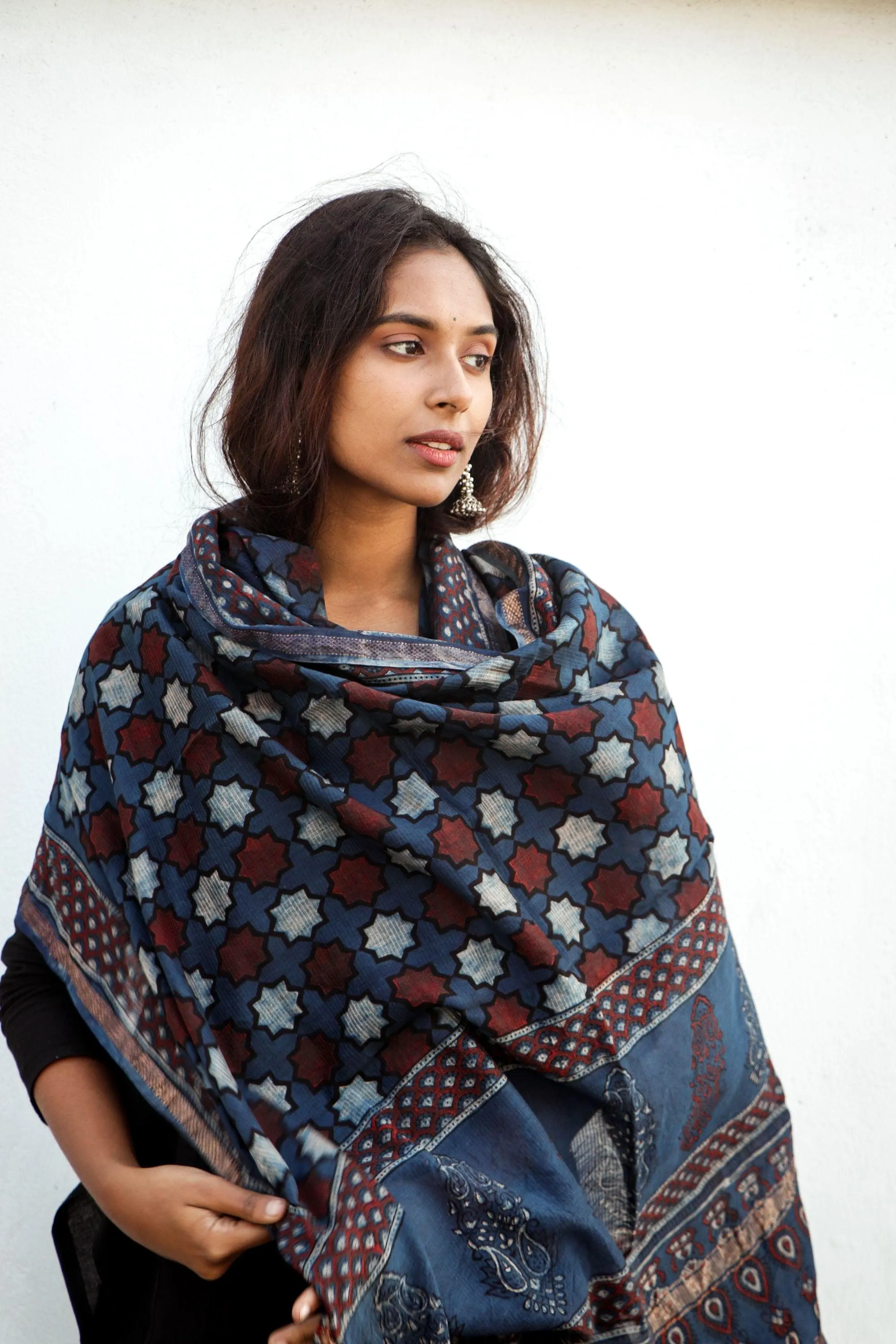 Kaisori Ajrakh Indigo Chanderi Dupatta