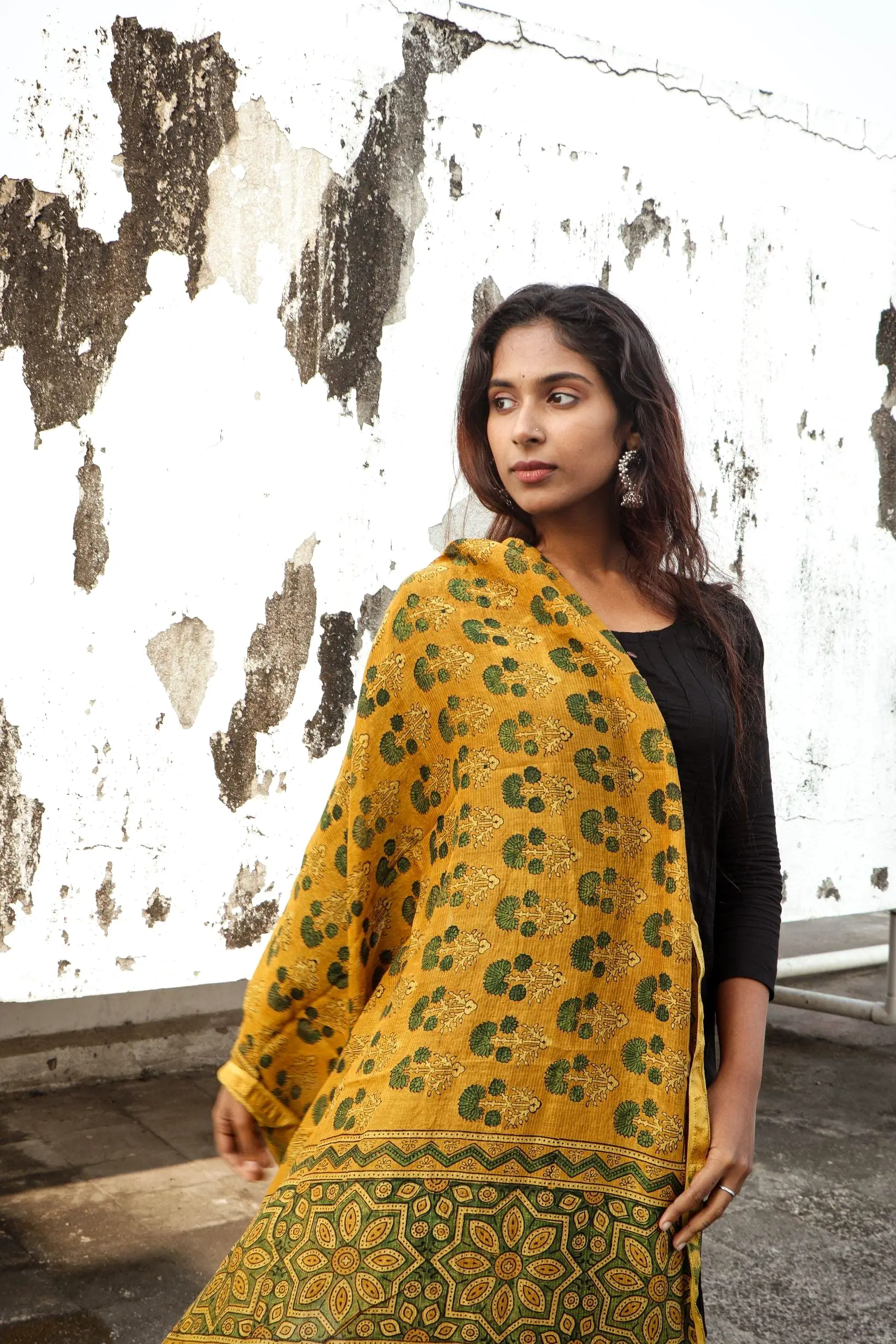 Kaisori Ajrakh Mustard Chanderi Dupatta