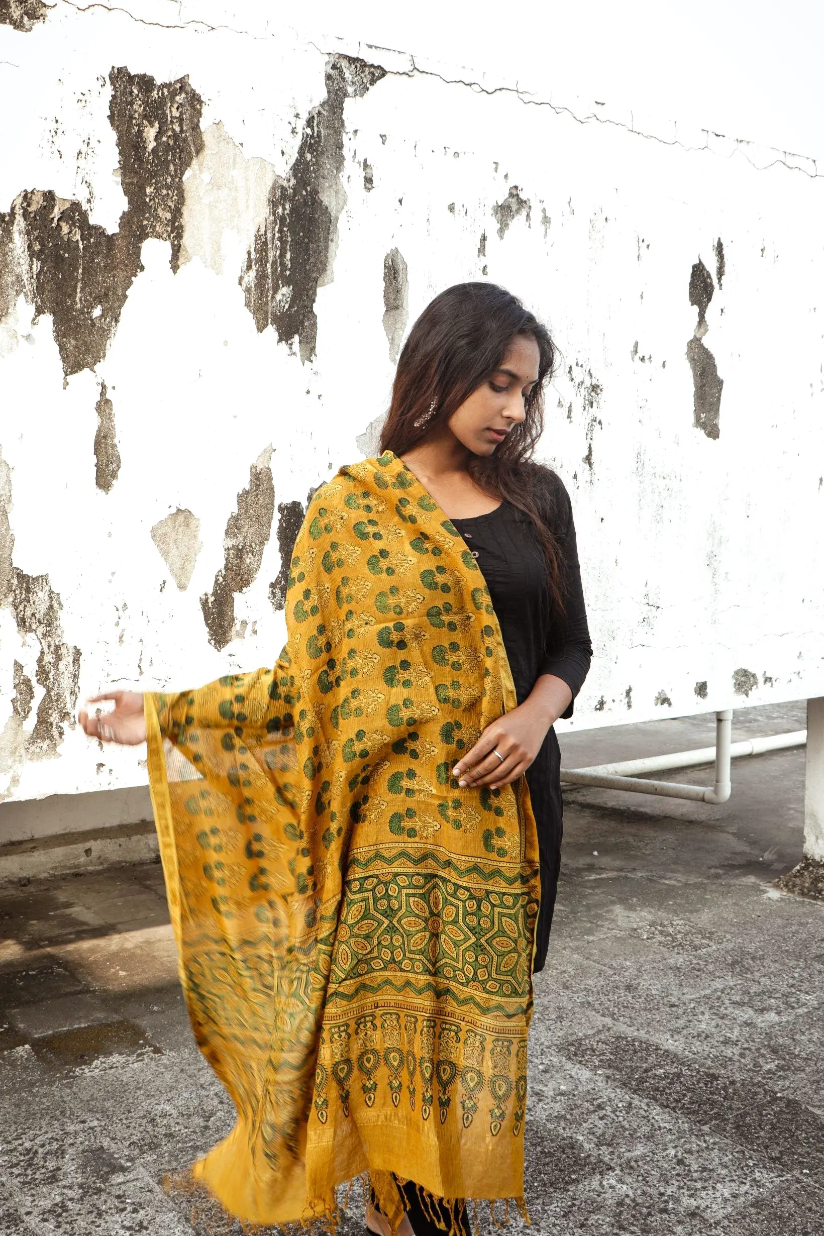 Kaisori Ajrakh Mustard Chanderi Dupatta