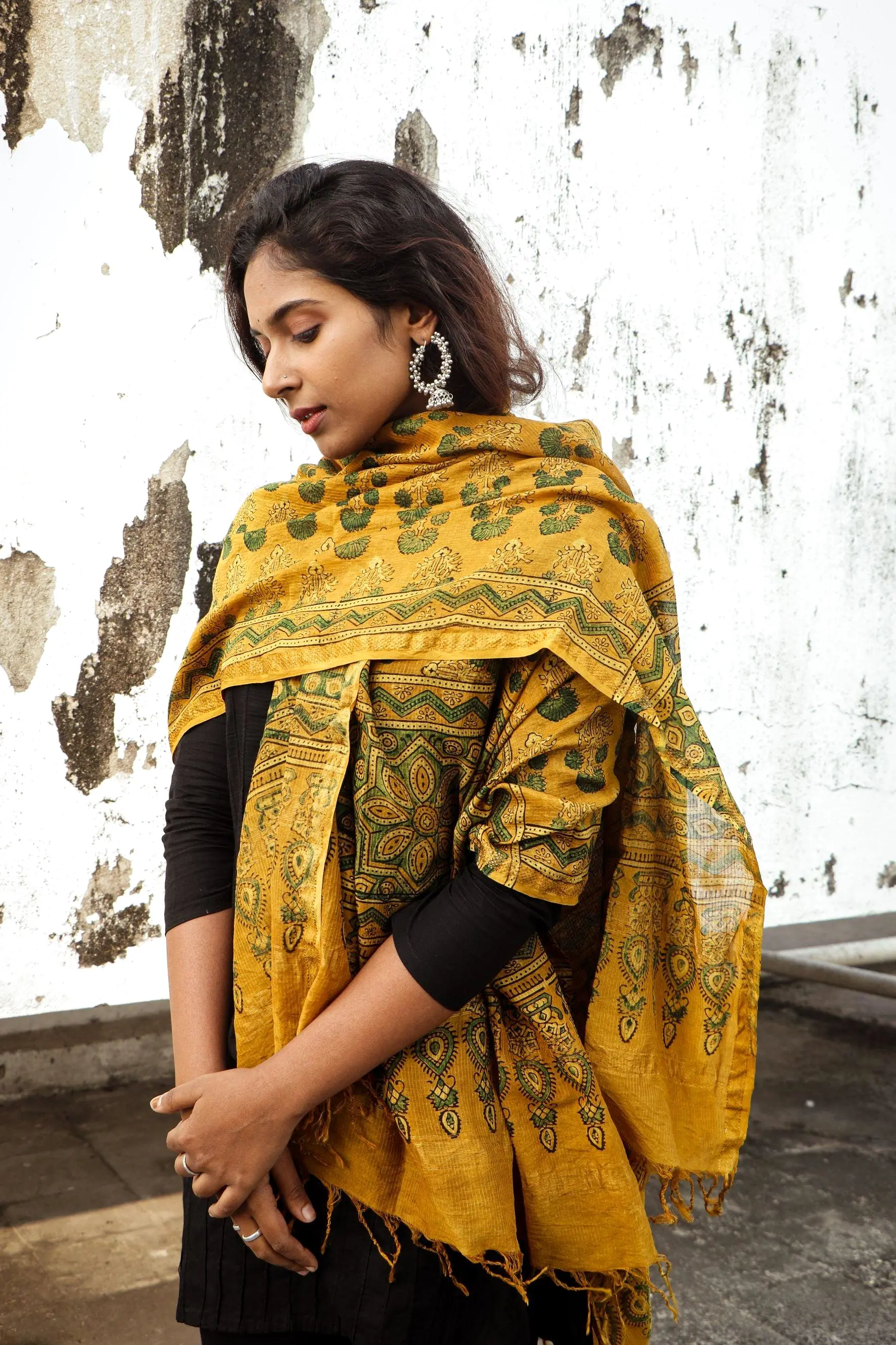 Kaisori Ajrakh Mustard Chanderi Dupatta