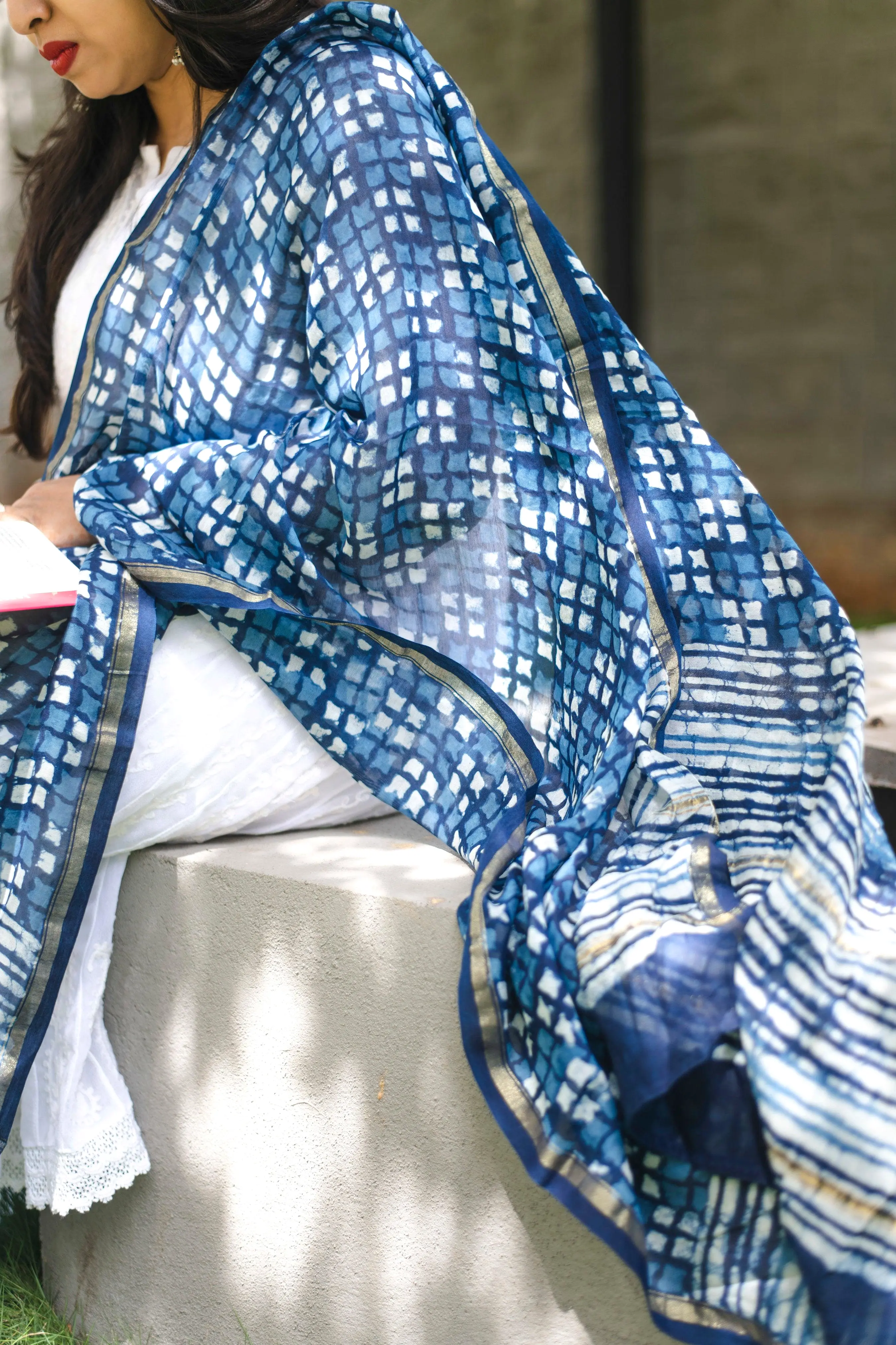 Kaisori Indigo Chanderi Dupatta - Checks