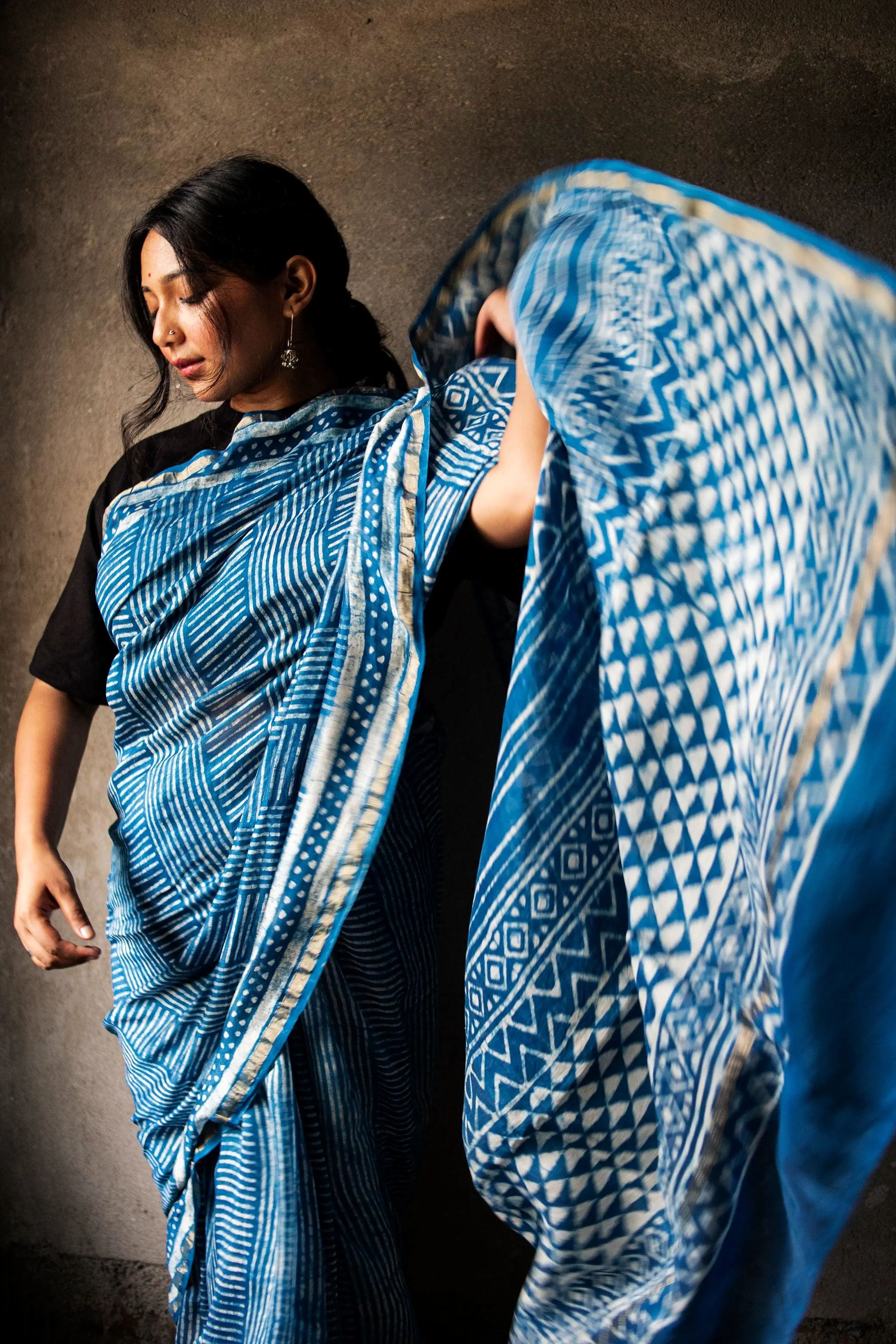 Kaisori Malhar Dabu Indigo Silk Cotton saree