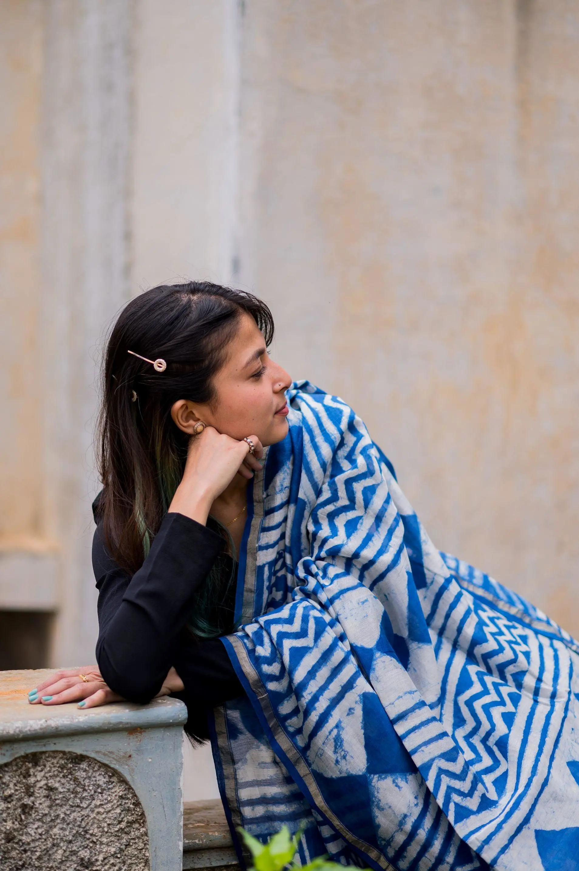 Kaisori Malhar - Dabu Lotus  Indigo Silk Cotton saree