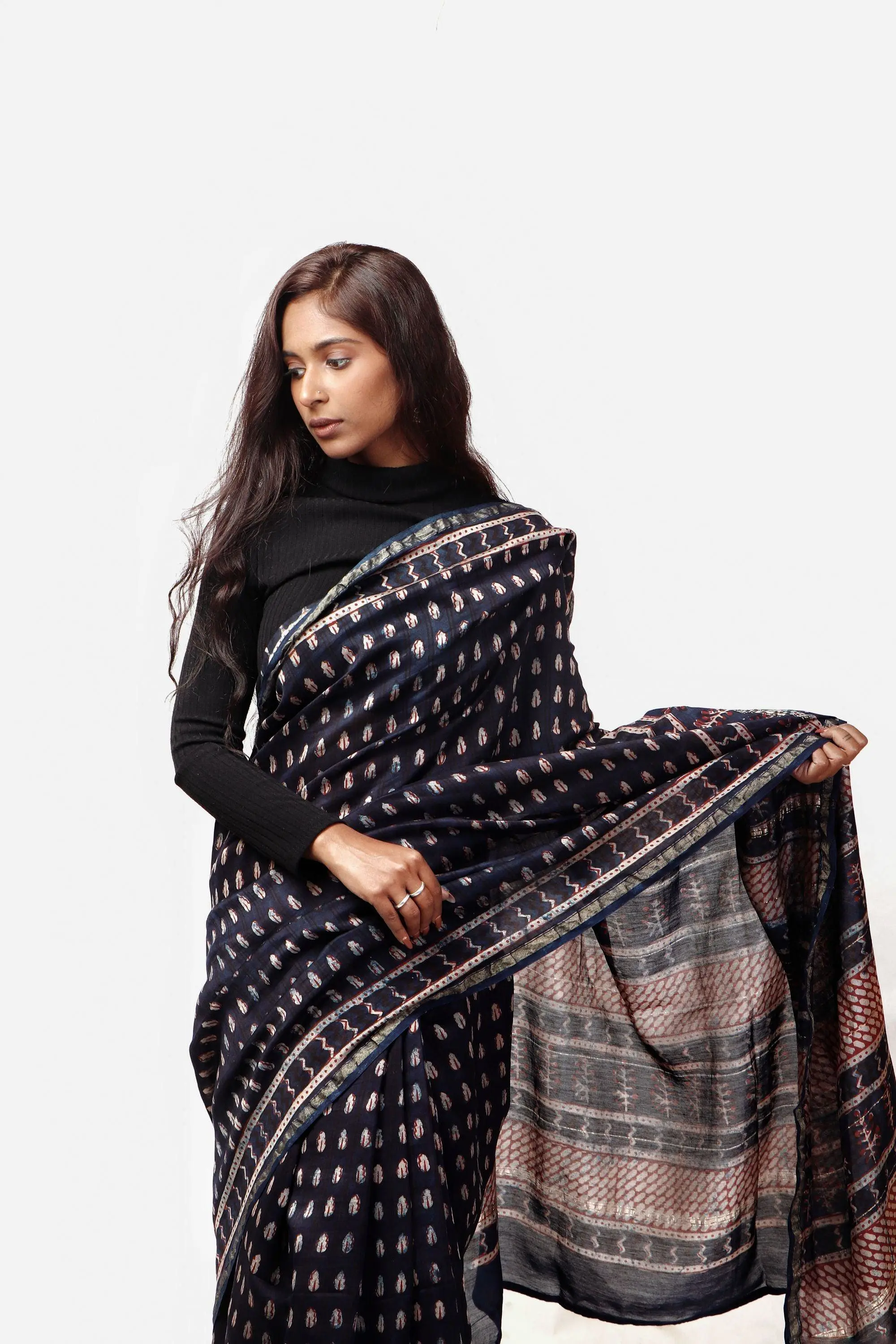 Kaisori Malhar - Dabu Pharad Indigo handblockprinted Silk Cotton saree