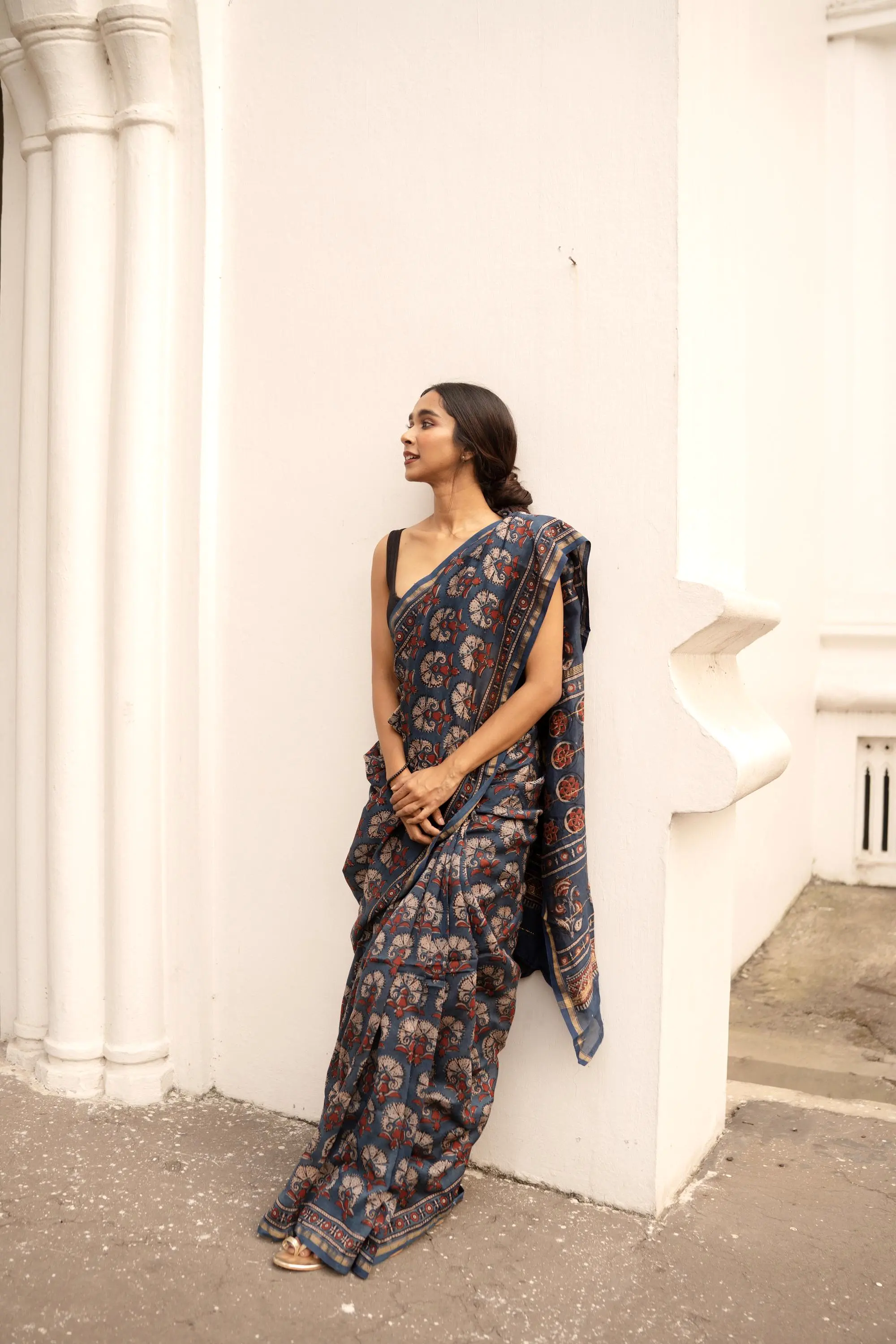 Kaisori Malhar - Dabu Pharad Indigo Kusum handblockprinted Silk Cotton saree