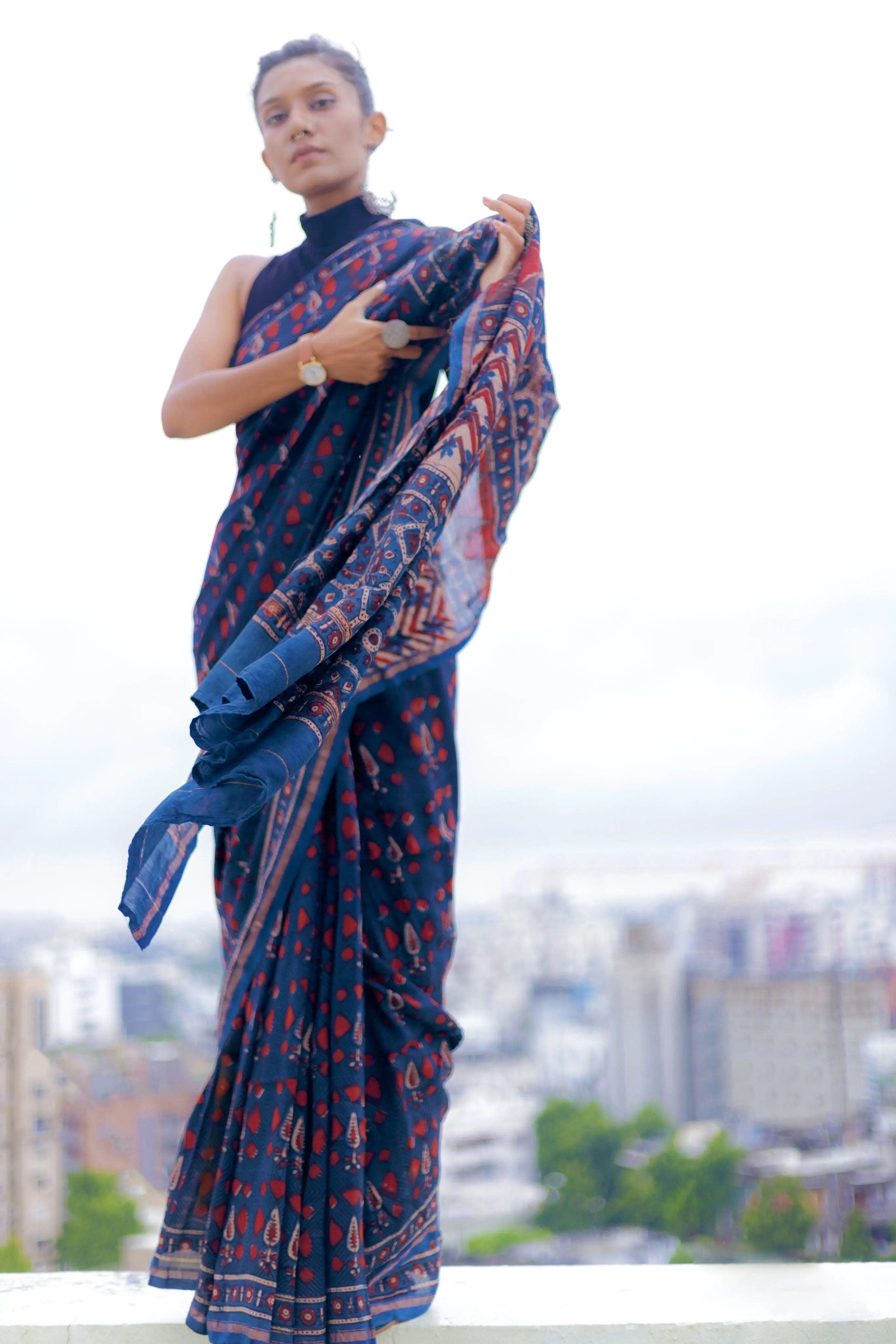 Kaisori Malhar - Dabu Pharad Trinaya Indigo handblockprinted Silk Cotton saree