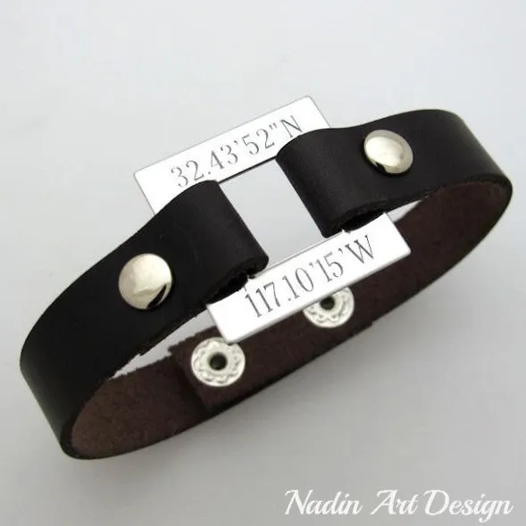 Latitude Longitude Bracelet - Personalized Leather Cuff