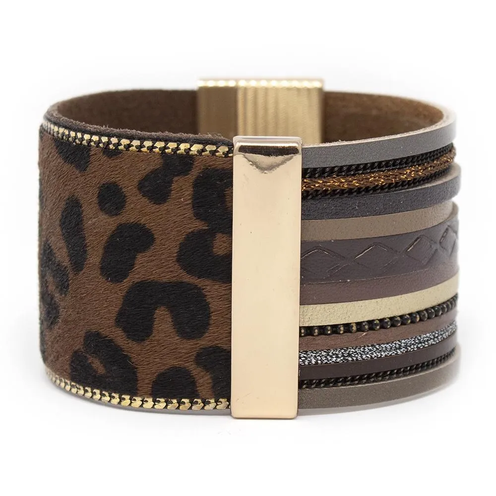 Leather Cuff Bracelet Mixed Media Leopard Print Dark Brown