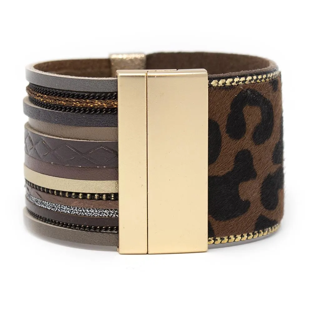 Leather Cuff Bracelet Mixed Media Leopard Print Dark Brown