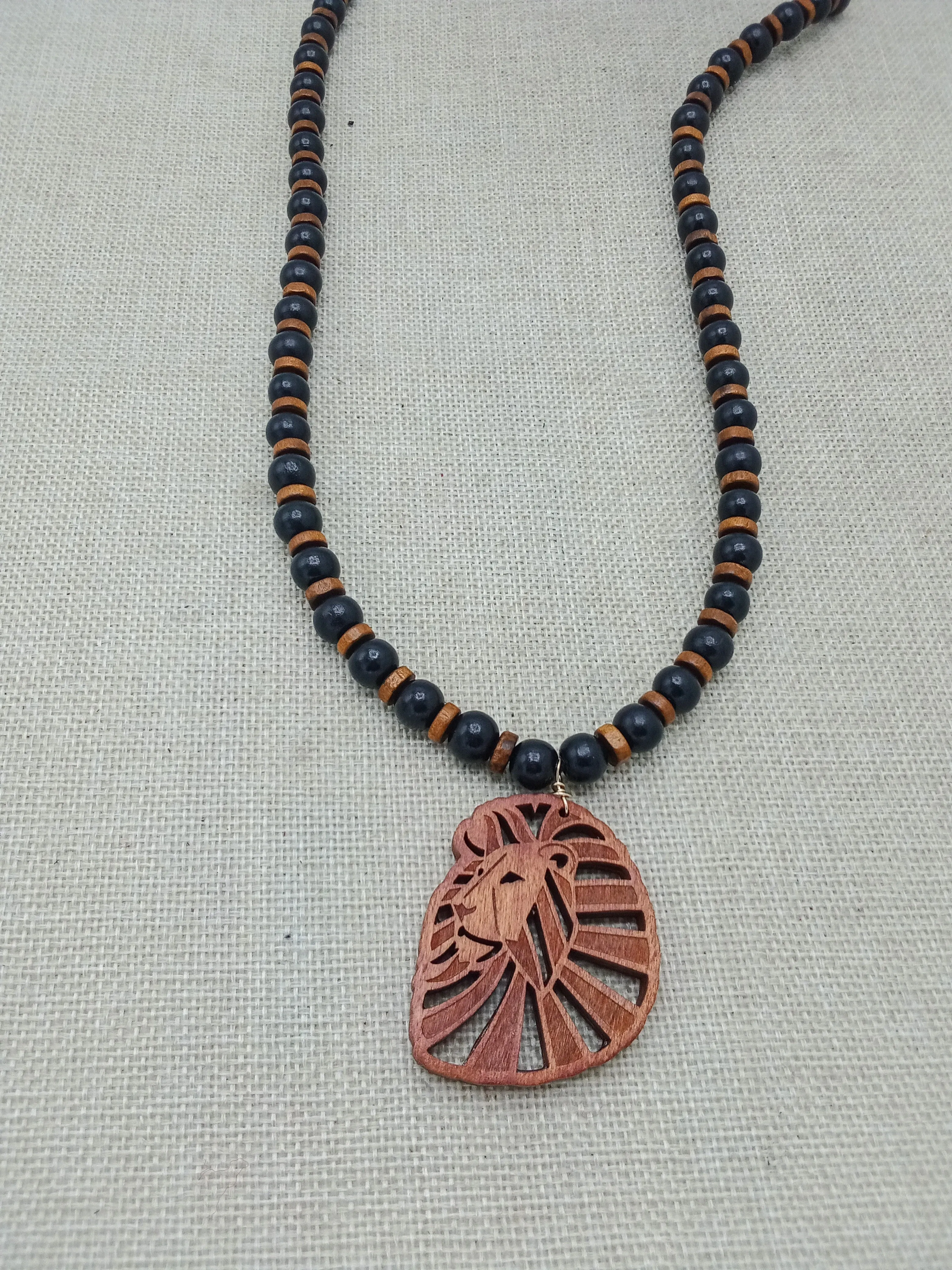 Lion Necklace Wooden Men Jewelry Beaded Animal Gift Black Brown