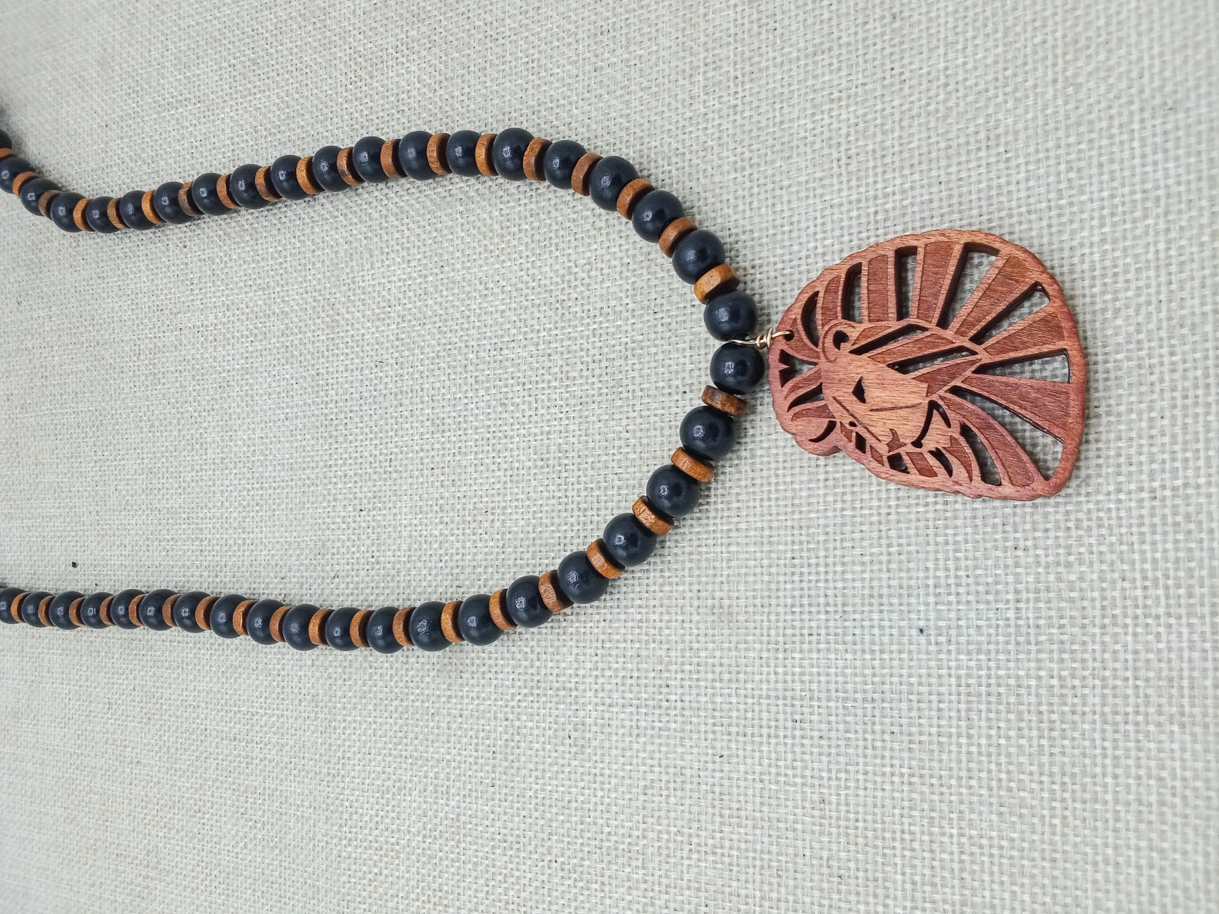 Lion Necklace Wooden Men Jewelry Beaded Animal Gift Black Brown