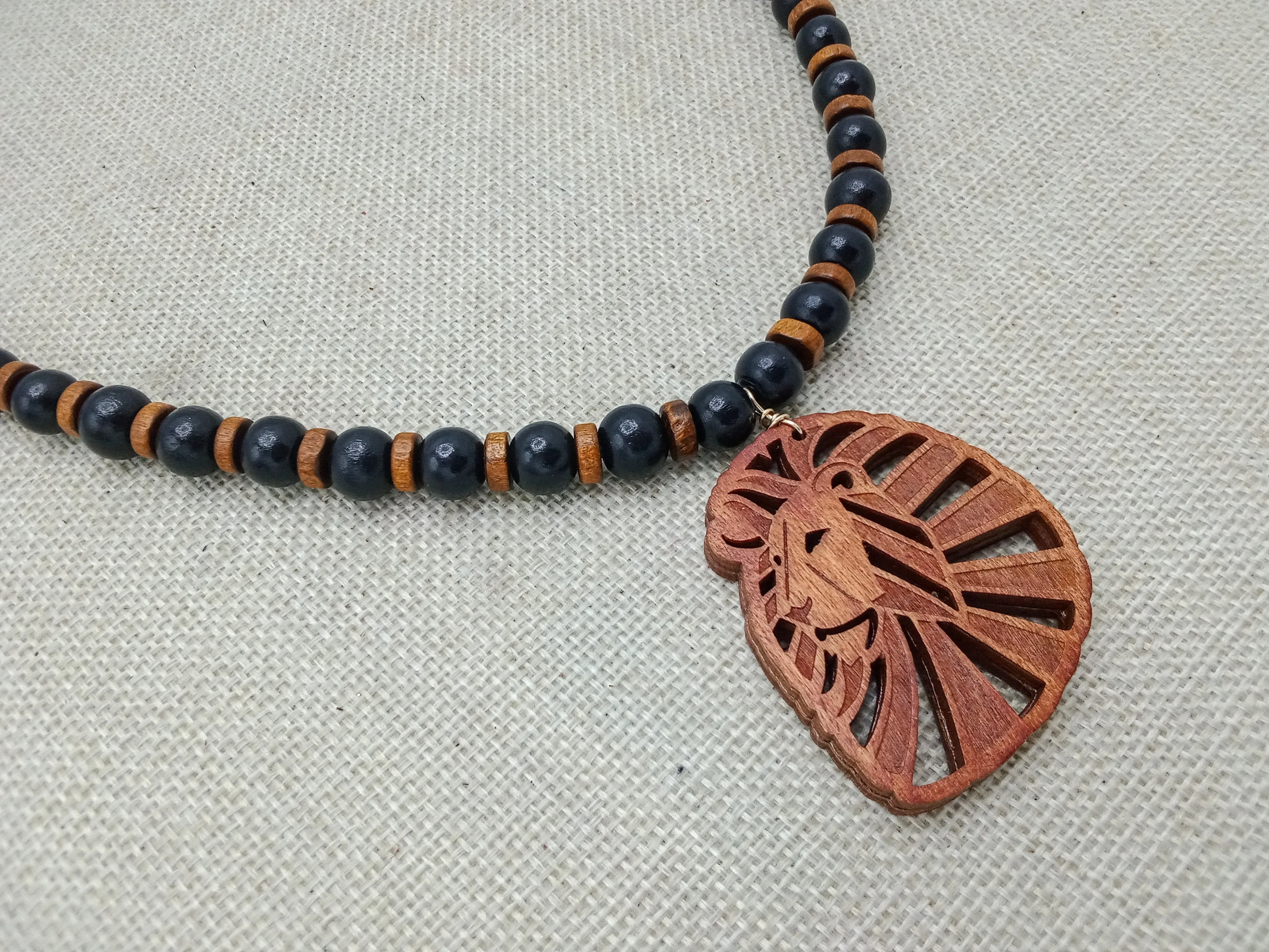 Lion Necklace Wooden Men Jewelry Beaded Animal Gift Black Brown