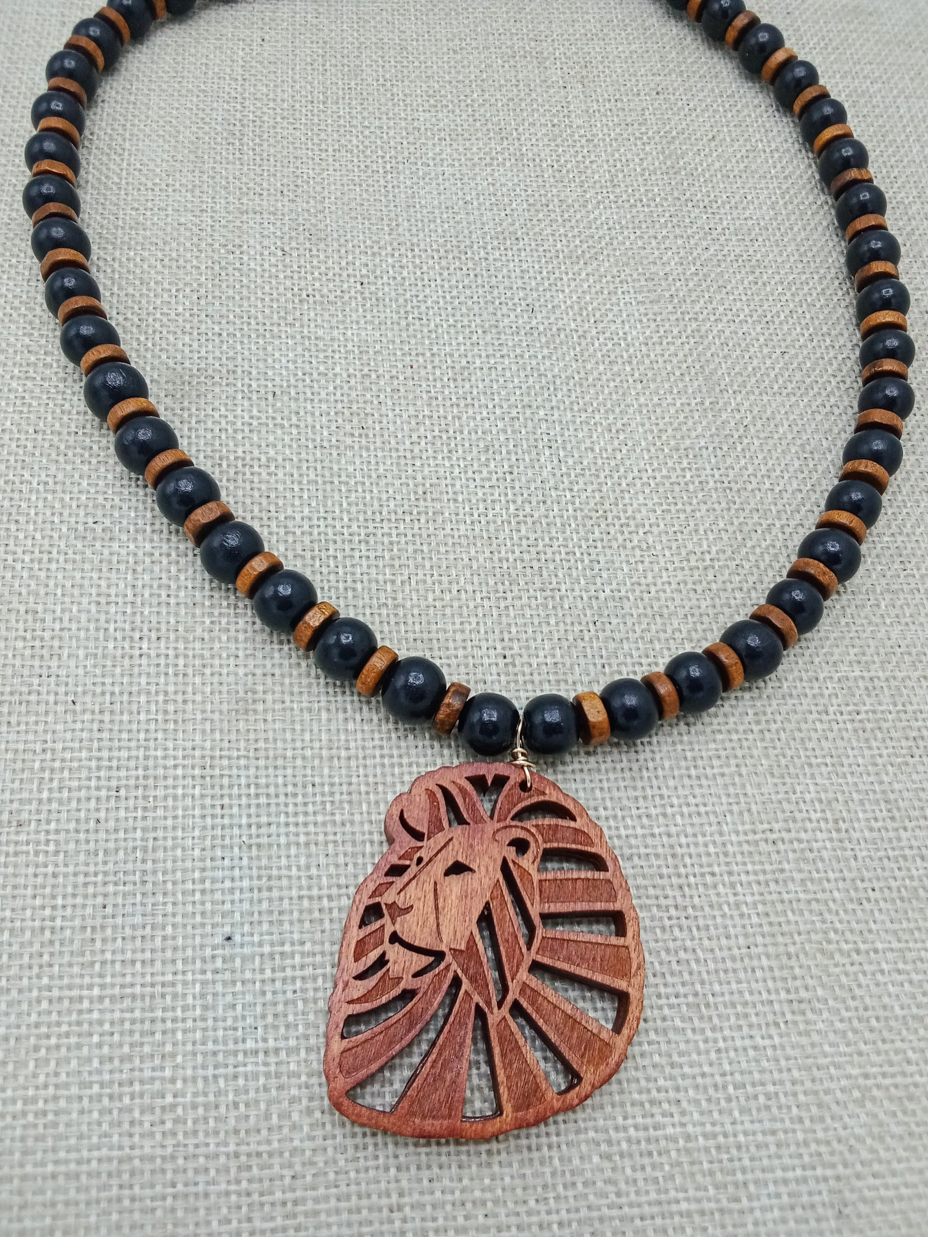 Lion Necklace Wooden Men Jewelry Beaded Animal Gift Black Brown