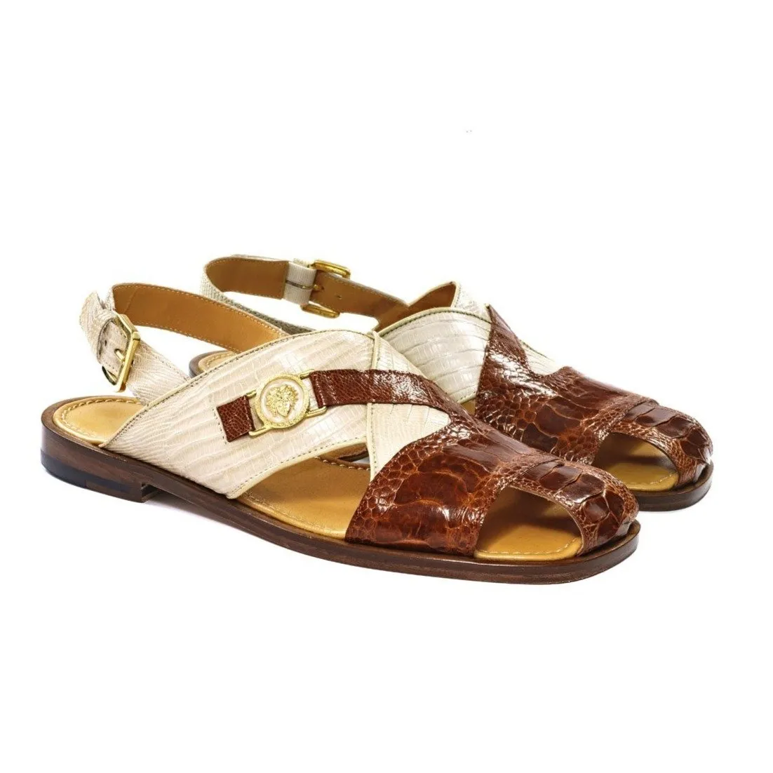 Mauri 5076 Romano Sandals Men's Designer Shoes Gold Exotic Teju Lizard / Ostrich Leg (MA5115)