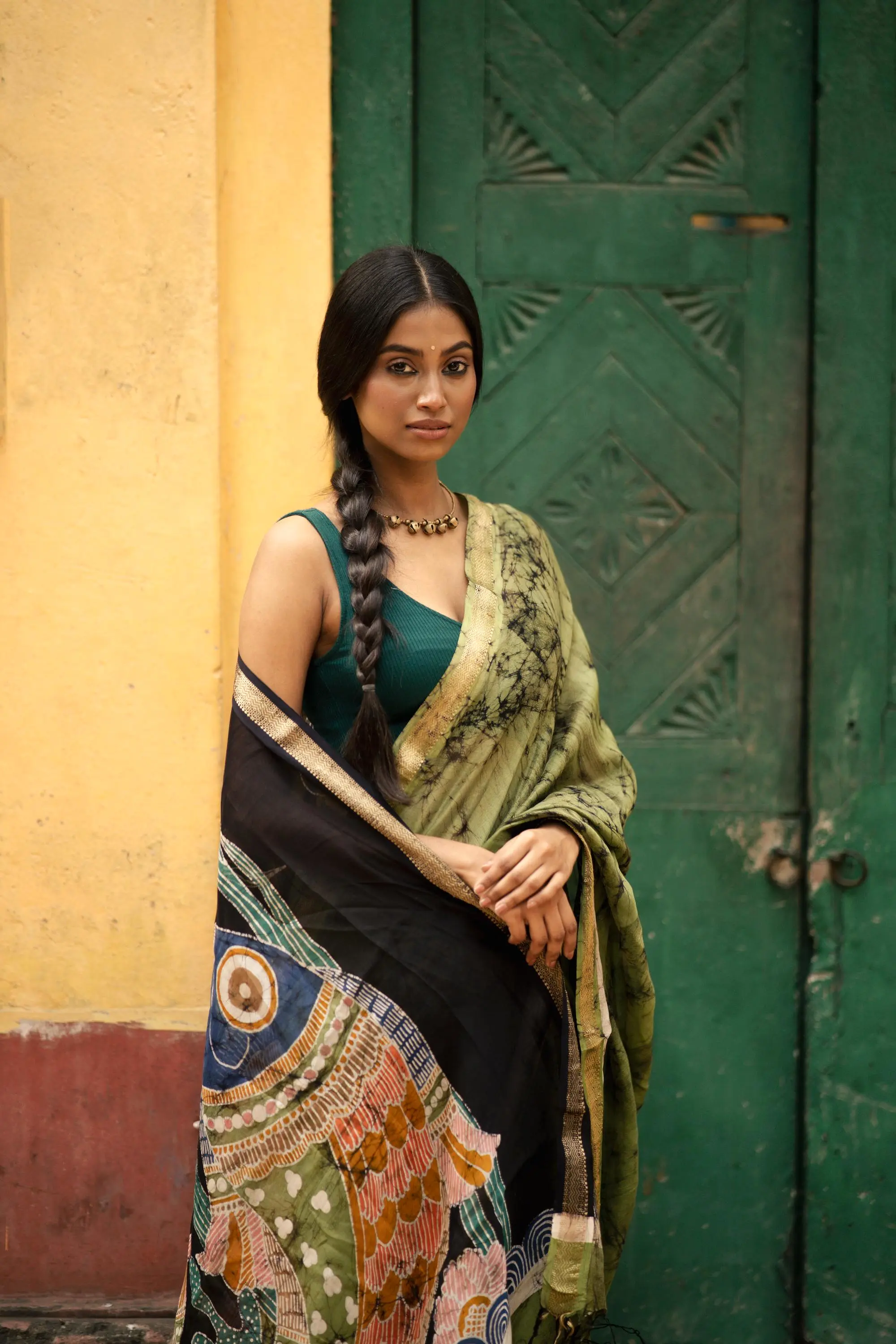 Meena -  Narmada Batik Gond Green Maheswari saree