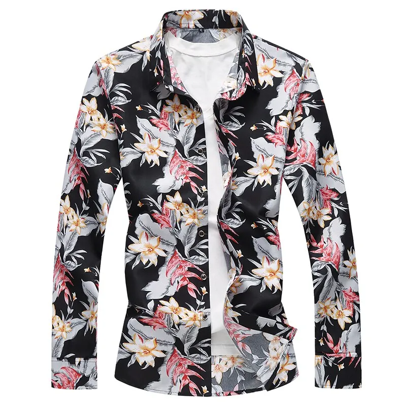 Men's Casual Style Flower Printed Single Breasted Long Sleeve Shirt