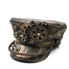 Men's Vintage Black Gold Synthetic Leather Gears Cosplay Military Hat