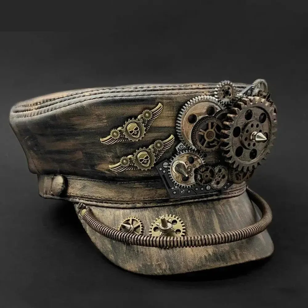 Men's Vintage Black Gold Synthetic Leather Gears Cosplay Military Hat