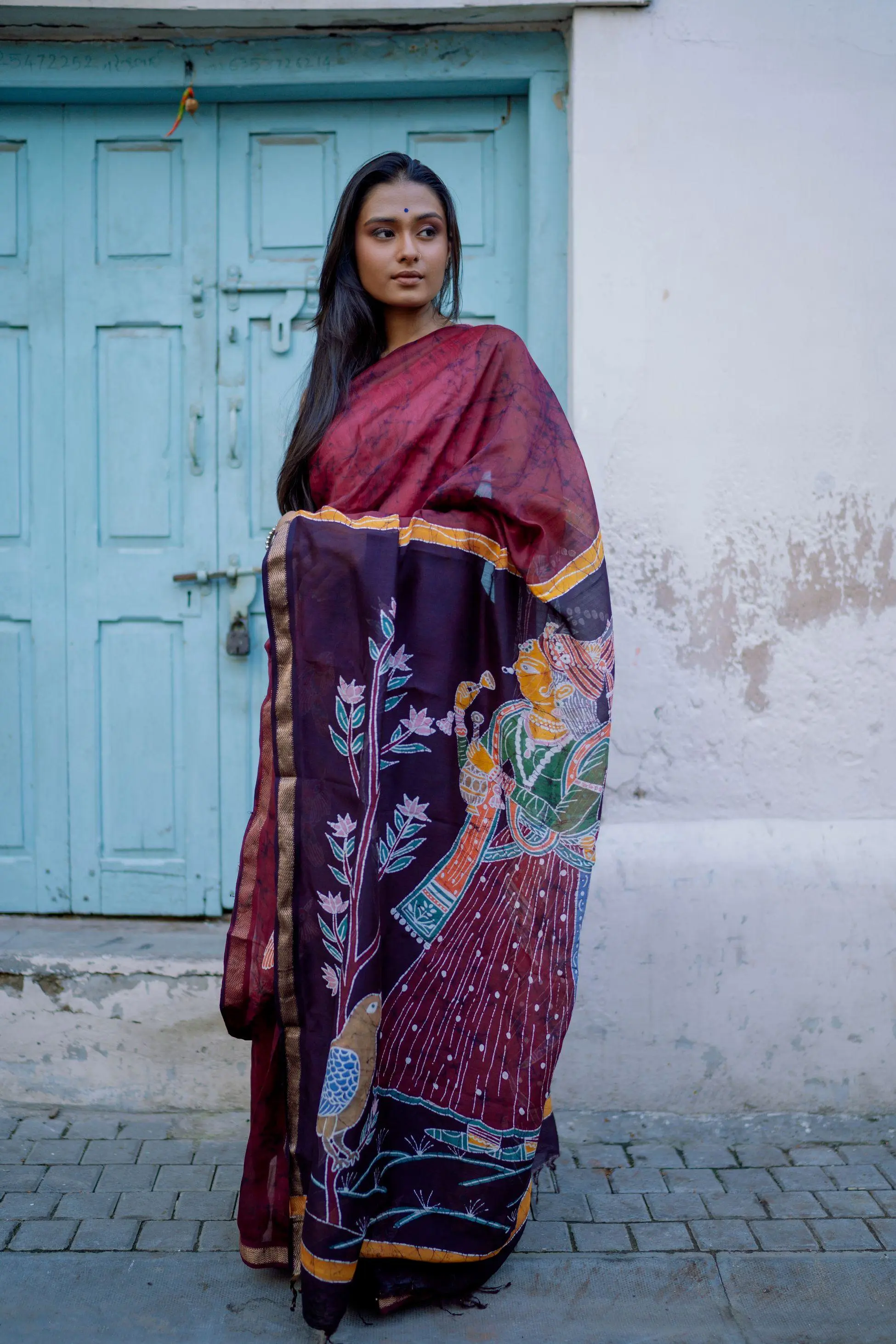 Ragini in the forest  -  Narmada Batik Maheshwari saree