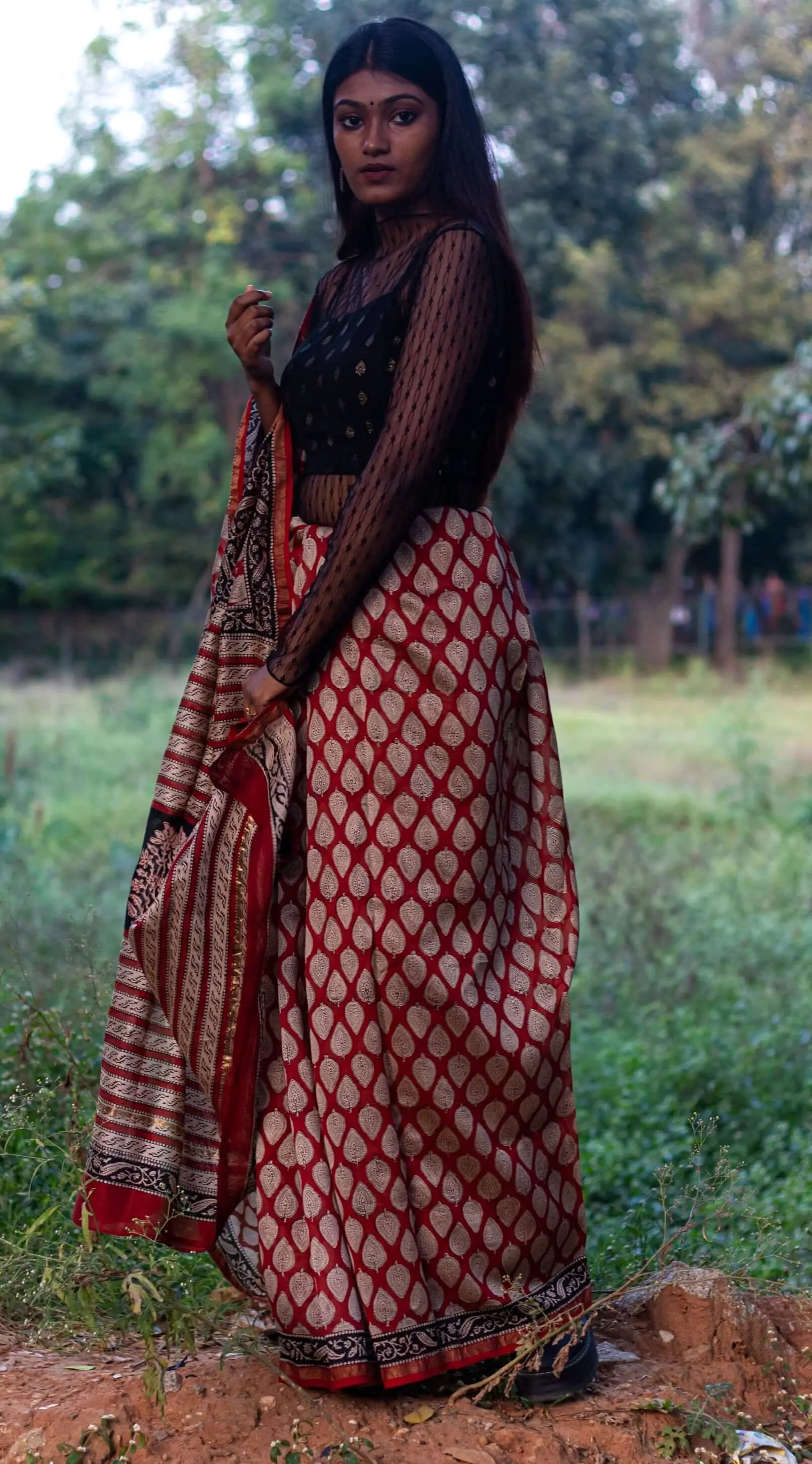 Roheda Bagru Syahi Begar leaf Chanderi Saree