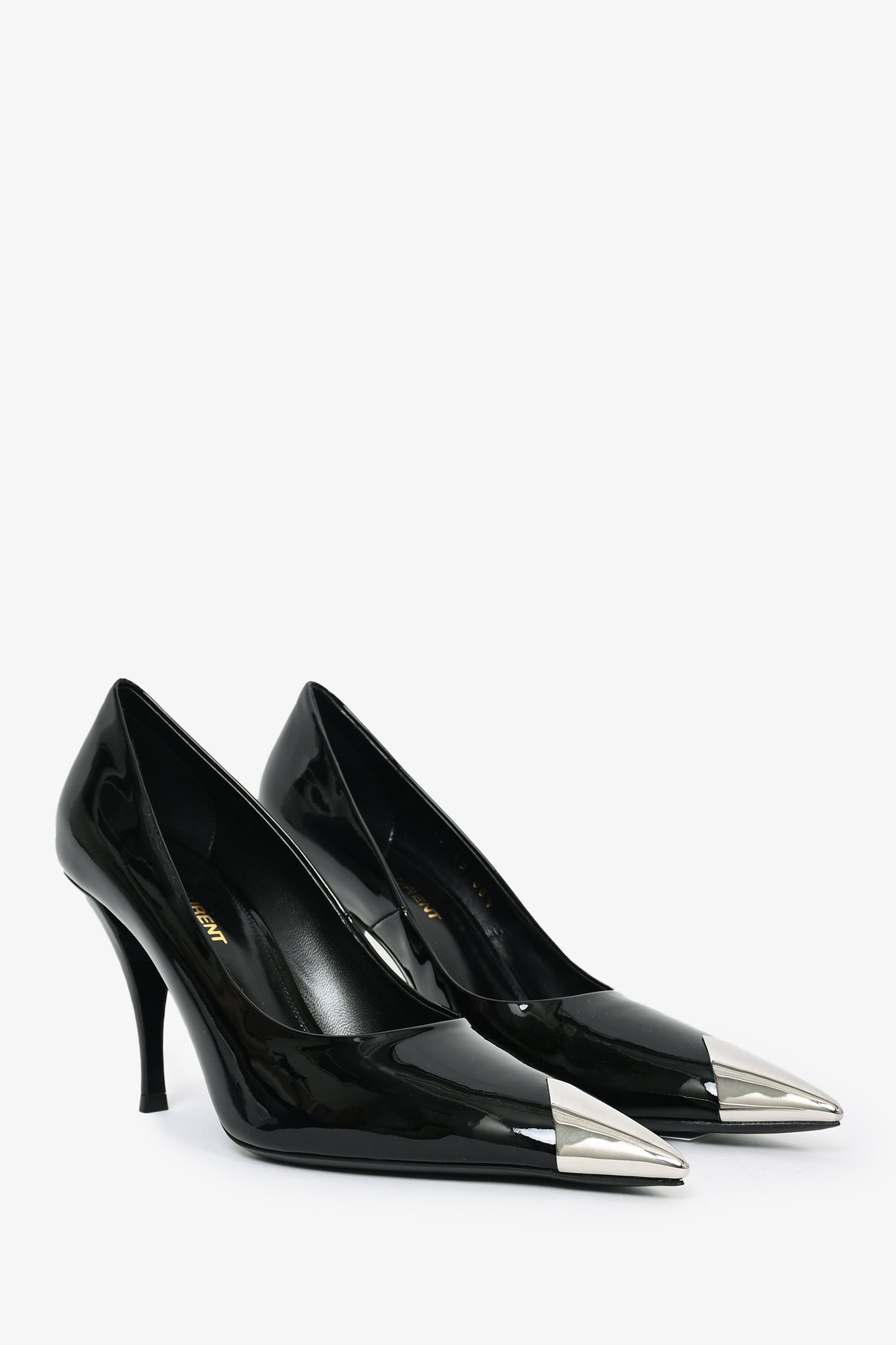 Saint Laurent Black Patent Silver Cap-Toe Heels Size 36.5