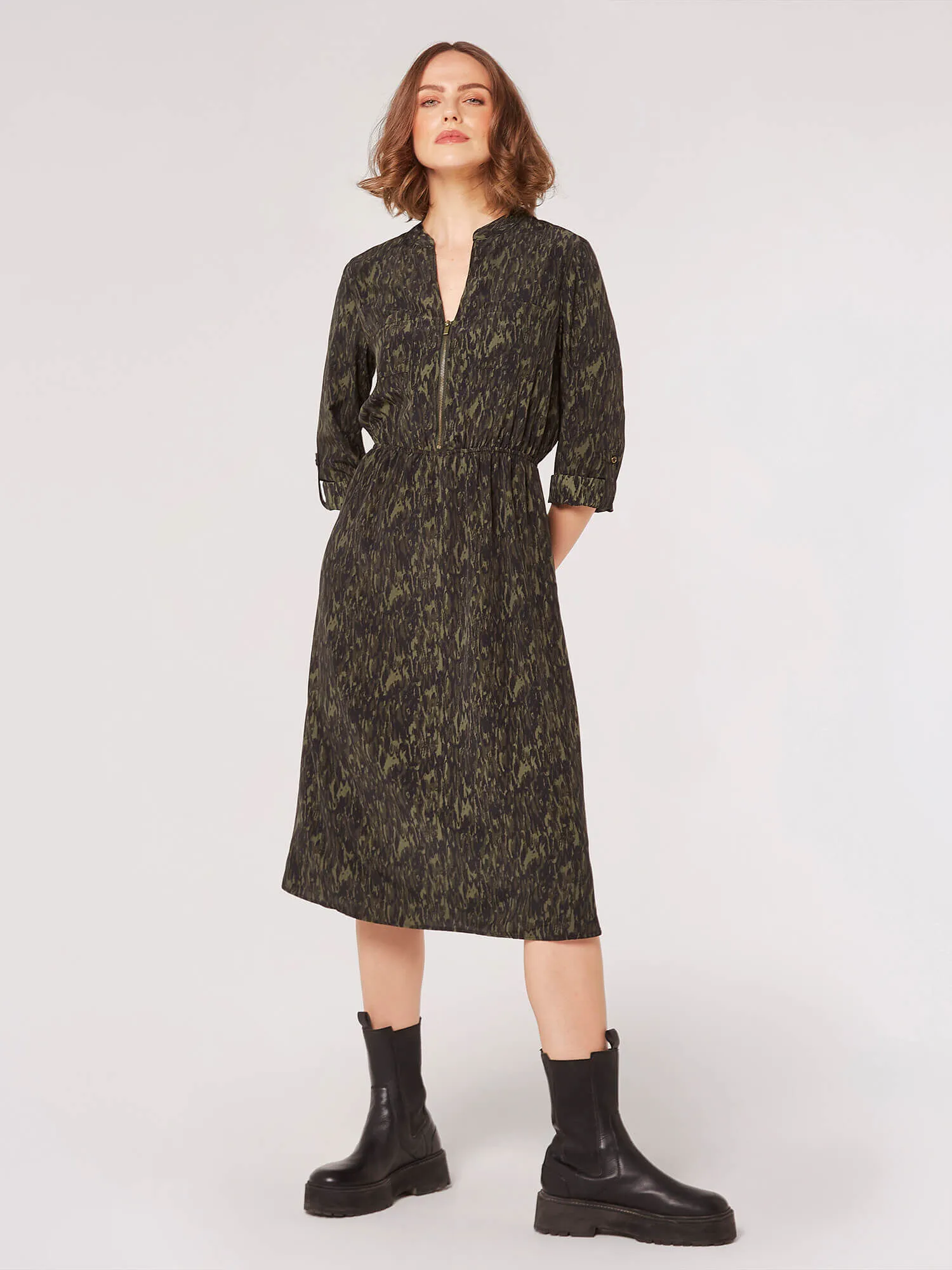 Texture Print Zip Midi Dress | Apricot Clothing