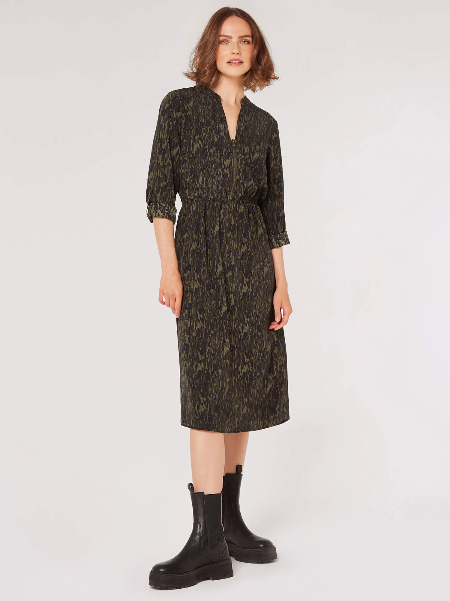 Texture Print Zip Midi Dress | Apricot Clothing