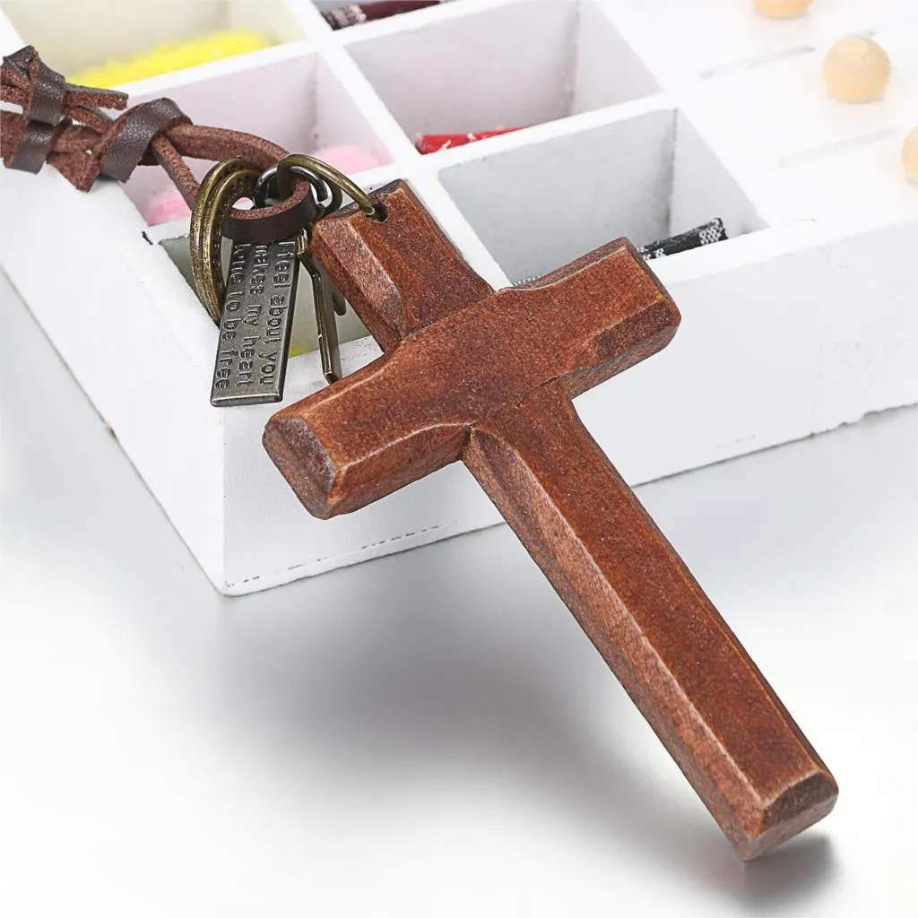 Vintage Wood Cross Charm Necklace