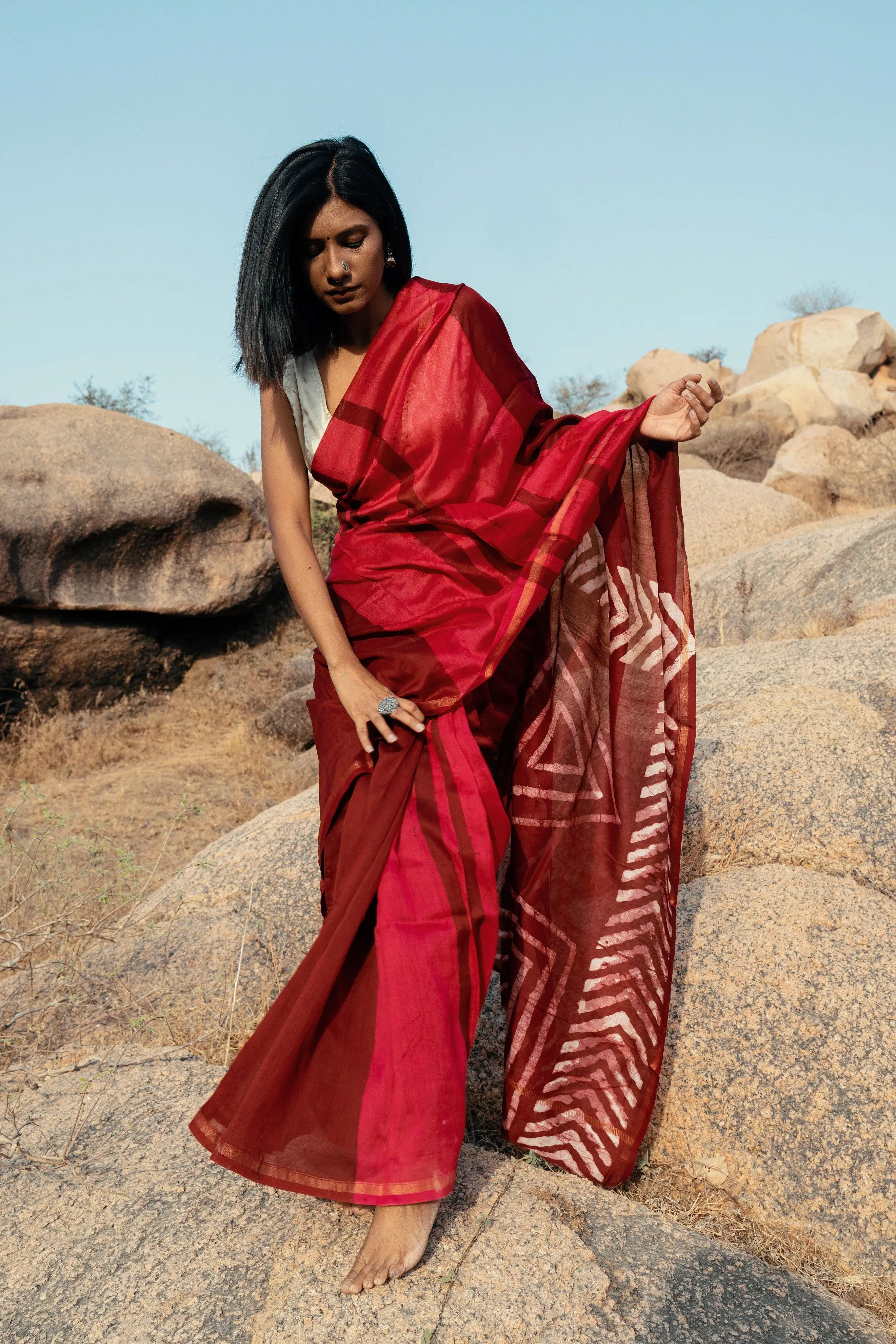 Zahra Bagru Batik dyed Red Silk cotton Saree