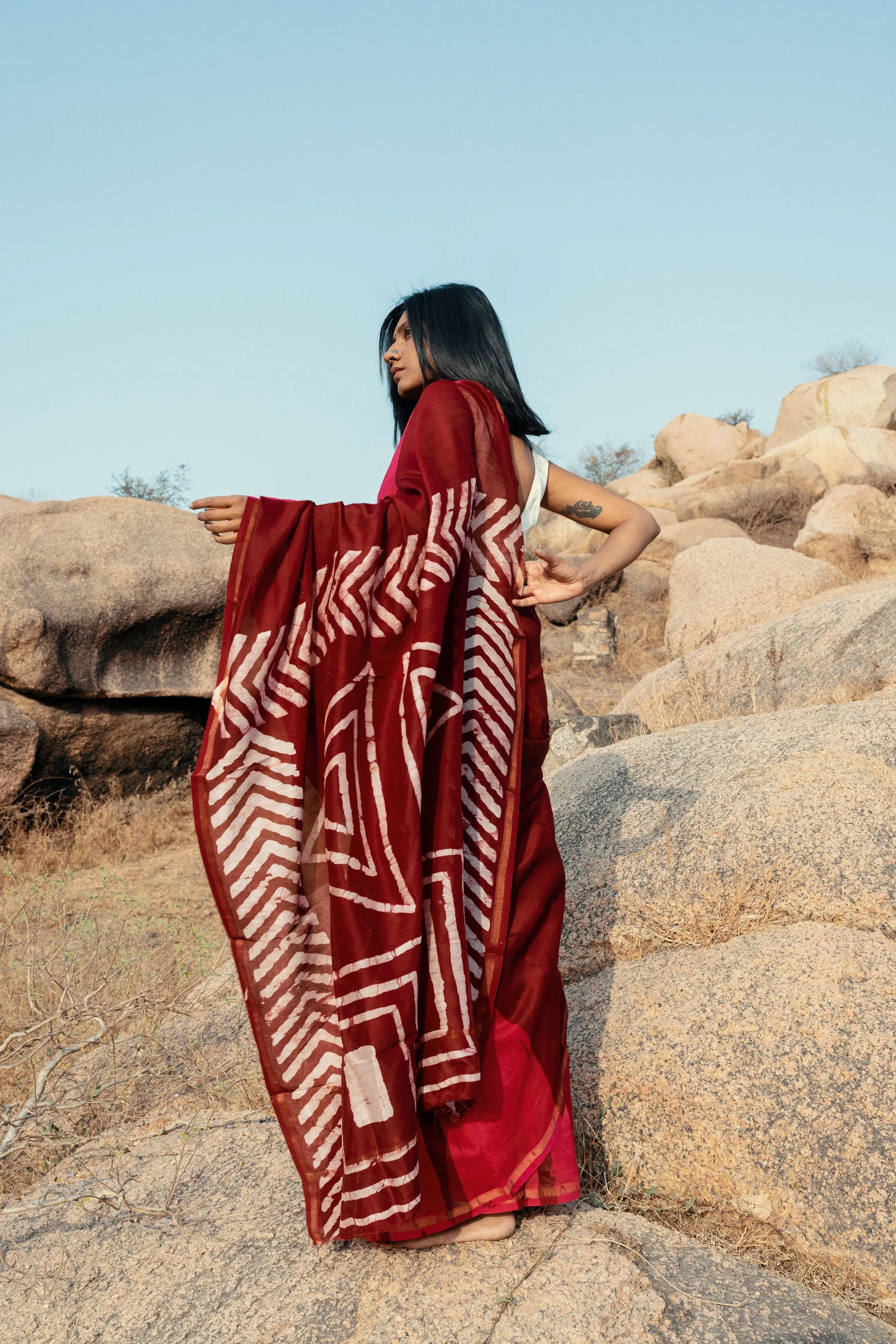 Zahra Bagru Batik dyed Red Silk cotton Saree